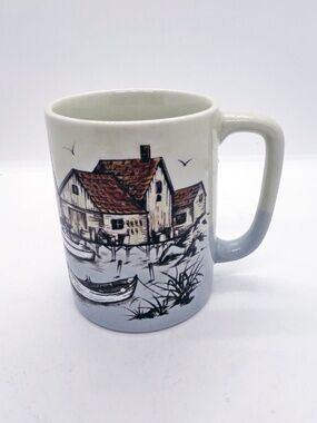 Vintage Otagiri Japan coffee mug hand painted seaside village nautical scene